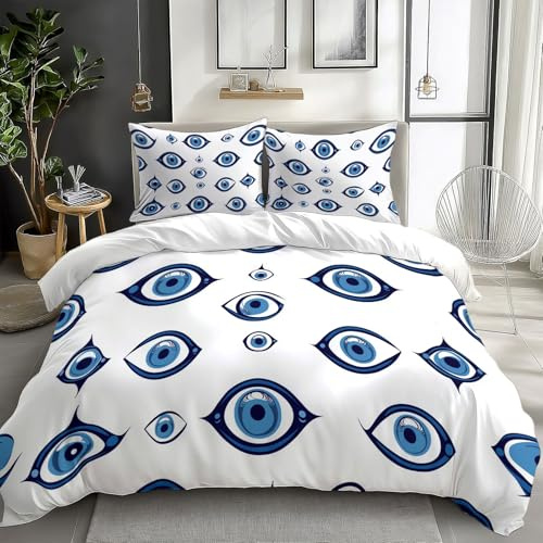CozyRest Bettwäsche Set 135 x 200 cm Traditioneller türkischer böser Blick Wendebettwäsche Drucken Bettbezug 3teilig mit Kissenbezug 80x80 cm, Bettwäsche Bettbezug mit Reißverschluss