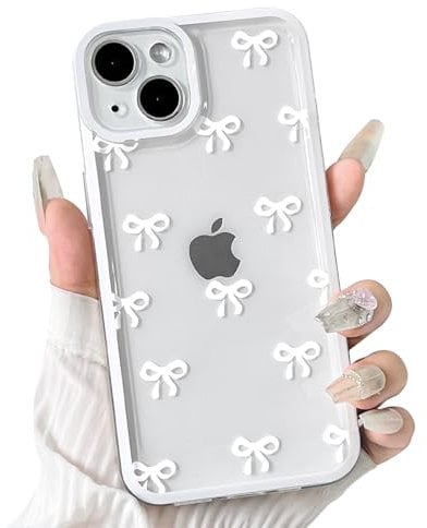 NITITOP Compatible with iPhone 13 Case Cute Clear White Durable Ribbon Bowknot Pattern for Girls Women Soft TPU Transparent Full Camera Lens Shockproof Protective Phone Cover - White