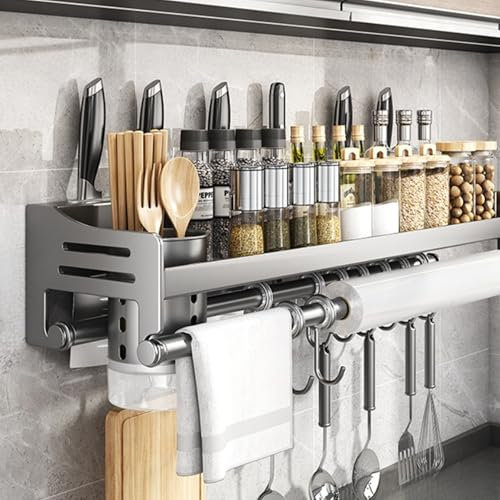 UUE Gewürzregal, Wand Gewürzregale, 60 cm Abnehmbarer Spices Organizer, Keine Notwendigkeit, Küchen Gewürzregal zu bohren,Küchen Organizer mit 10 Haken und 1 Stäbchenhalter, Pistolengrau
