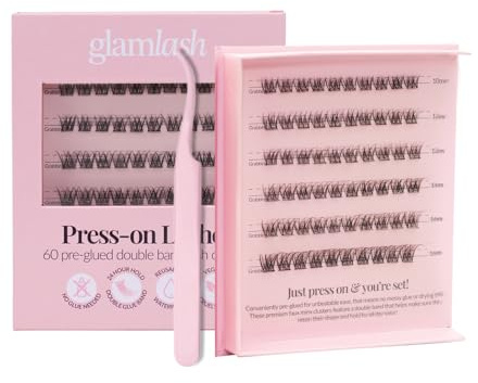 Glam Lash Self Adhesive False Eyelashes, Double Strips, Pre-Glued, 24 Hours, No Glue, No Remover, Reusable and Waterproof, 60 Groups of Natural Eyelashes