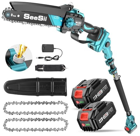 Seesii PS810, batteria 2 in 1, mini motosega senza spazzole da 8 pollici, con 2 batterie da 4,0 Ah, portata di 16 piedi, tostapane elettrico per potatura e taglio del legno