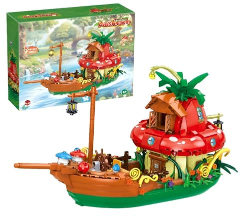 Pilzschiff Bausteine Bausatz, 998 Teile Kreativer Magischer Wald Pilzhaus Boot Modellbausatz, MOC Hausbau Spielzeug Set, Waldhaus Pflanzen Bauspielzeug Bausatz, Geschenk für Kinder Erwachsene