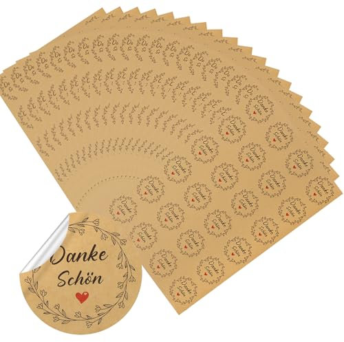 Aufkleber Danke Schön, 480 Stück Round 4cm Dankeschön Aufkleber mit Blätterund Herzen, Selbstklebende Etiketten Danke Stickers, Thank You Geschenk Stikcer für Kommunion Taufe Hochzeit (Kraft)