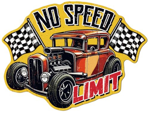WADORN Cartello In Metallo Vintage con Auto Da Corsa, Targa In Latta Divertente Da 37.7x28cm, Stile Retrò, per Garage, per Uomini e Caverne, con Scritta NO SPEED LIMIT, per Auto Da Corsa Da Parete