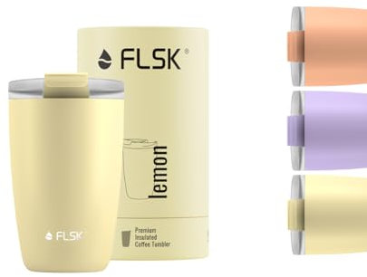 FLSK Kaffeebecher – Premium coffee to go-Becher aus Edelstahl – 100 % auslaufsicher, BPA-frei & doppelwandig – hält 3 h heiß (lemon, 350 ml)