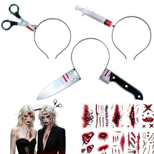 Jiounie Fascia Horror Spaventosa di Halloween, Forbici e Siringa + 10 Adesivi Tatuaggi Cicatrici, cerchietto coltello halloween, Cerchietto Halloween Realistico per Costumi Bambini e Adulti