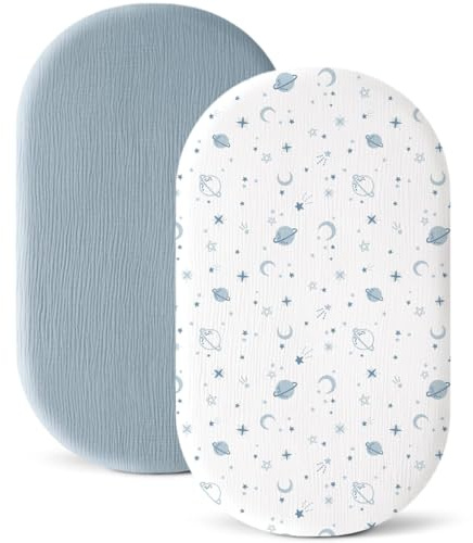 JM-Spannbetttuch für die Wiege,2er Set Musselin-Baumwolle Spannbettlaken 80x40cm,Spannbetttücher für Kinderwagen, Stubenwagen,Moseskorb,Wiegen,kleine Beistellbetten für ovale & eckige Matratzen (Blau)