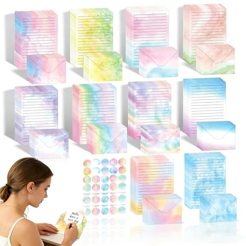 OTTOOPPXIN 160 Stück Aquarell Briefumschlag Set, A5 Aquarell Briefpapier mit Umschlag Briefbogen mit 60 Sticker, Briefpapier Mädchen für Briefe Glückwunschkarte Liebesbriefe Geburtstagseinladungen