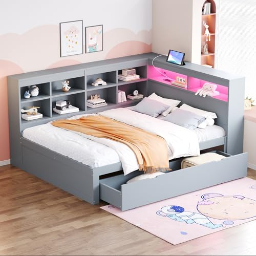 SACOOL Massivholzsofa 140 * 200cm mit extra großen Schubladen, USB-Steckdose und LED-Lichtleiste, Einlegeböden und Ablagefächern, viel Stauraum, multifunktionales Doppel-Holzbett, Grau