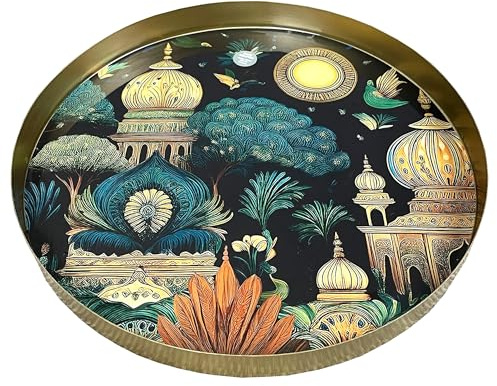 32cm Metal Gold Round Decorative Tray for Coffee Table Indian Temple Design Home Decor Accessories Decoration