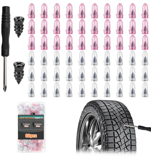 60Pcs Tyre Repair Screw Rubber Nail, Tire Repair Nails Kit with 2 Sizes, Fast Self-Service Tires Repair Tools, Suitable for Car Bike Motorbike Tire Plug with Storage Tool Box (Small*30+Large*30)