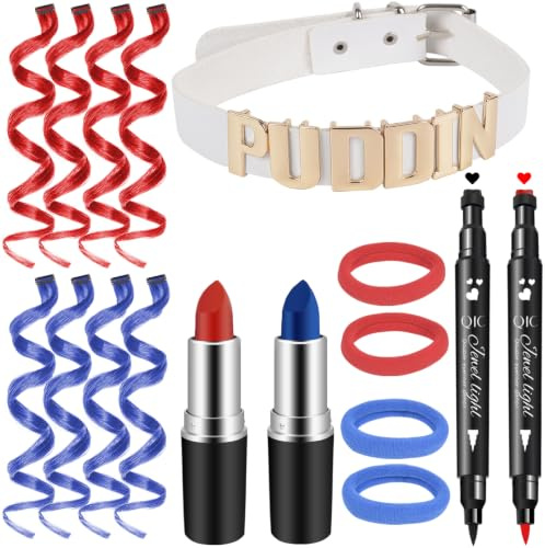 Clown Kostüm Damen Set Perücke Schminke - Joker Fasching Karneval Halloween | 17PCS Clown Accessories mit Herz-Halskette Eyeliner-Stempel Clip-on Haarverlängerung Gesichtsstift Haargummi für Erwachsene