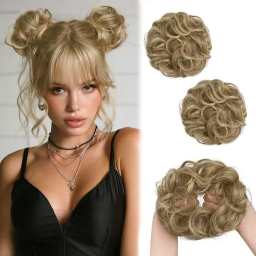 Sofeiyan 2PCS Messy Bun Haarteil mit Gummiband,Dunkelblond Blond Mix | Gelockt Dutt Haarteil,Synthetische Messy Bun Haar Tousled Updo Haarteile für Frauen Alltag Hochzeit