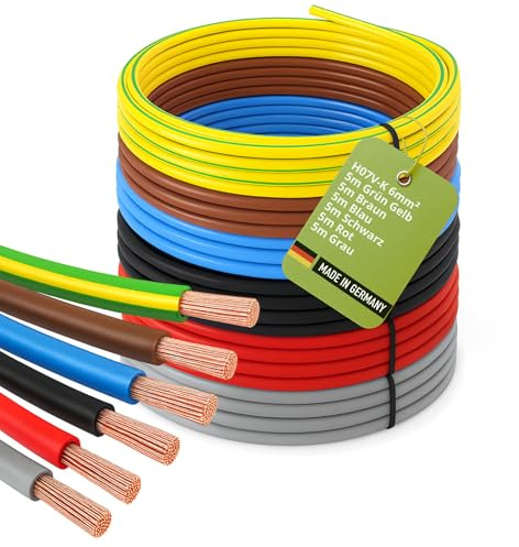 INVOLT H07V-K 6 mm² Verdrahtungsleitung 6 x 5m Set, | Einzelader Schwarz, Blau, Braun, Grau, Grün-Gelb, Rot, Made in Germany