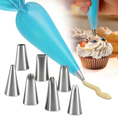 7 Douilles Patisserie et 1 Poches à Douille en Silicone Réutilisable,Poche à Douille,pour Décoration DIY Cupcake et Muffins Gâteaux,Réutilisable,Bleu