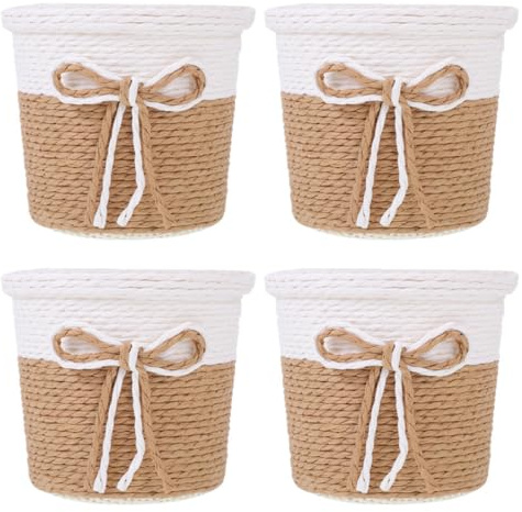 Lurrose Lot de 4 Pots de Fleurs Tressés en Corde Papier, Pots de Jardin Étanches, Diamètre 10,5 Cm X 9 Cm, Jardinières Décoratives pour Intérieur, Balcons et Bureaux, Paniers Pratiques
