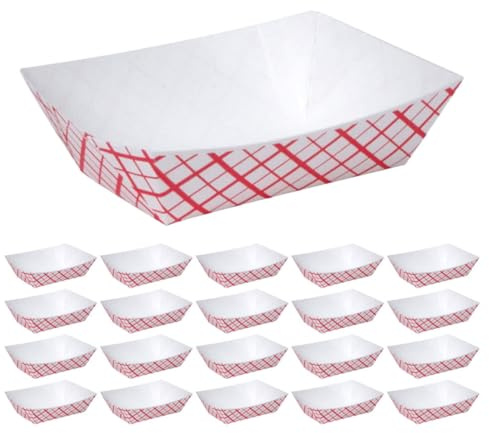 ROMISBABA Lot de 50 Plateaux Alimentaires Jetables Rouges à Motifs en Filet, Barquettes en Carton 1/2lb, Usage Quotidien pour Fêtes, Restauration, Plats Froids et Snacks, Plateau