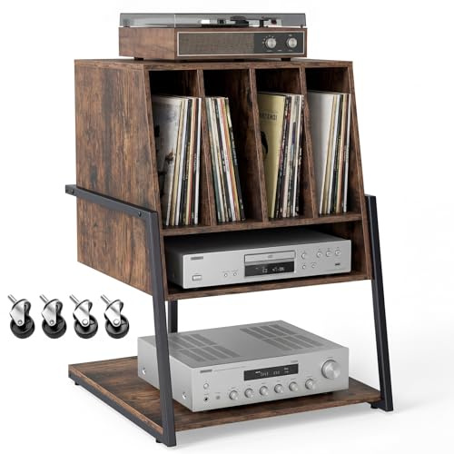 COSTWAY Meuble Platine Vinyle, Meuble Rangement jusqu'à 180 Vinyle, 4 roulettes Inclus, Étagères, 5 Compartiments, Support Tourne Disque pour Albums, Manga, Livres (sans Prise,Marron Rustique)