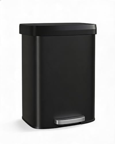 Grand capacité 60L/16 Gal – Poubelle de cuisine en acier inoxydable noir – Couvercle soft-close, poignée arrière, anneau sac, ouverture à pédale – Idéale cuisine, bureau, salon – Couleur : noir