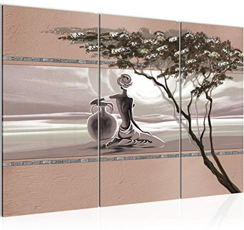 Runa Art Afrique Femme Peinture Tableau Salon XXL Beige Le Coucher Du Soleil Eau 120 x 80 cm 3 Parties Decoration Murale 000931b