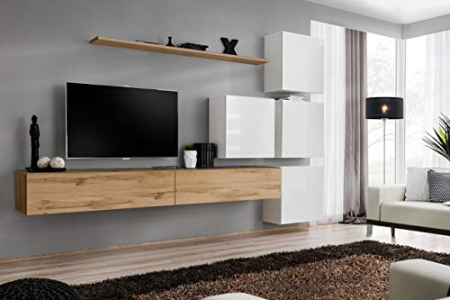All4All Wohnwand SW 9 - Wohnzimmermöbel - Schrankwand für Wohnzimmer - Wohnzimmerschrank - Anbauwand - Wohnwand Hängend - Modern - Wotan+Weiß21