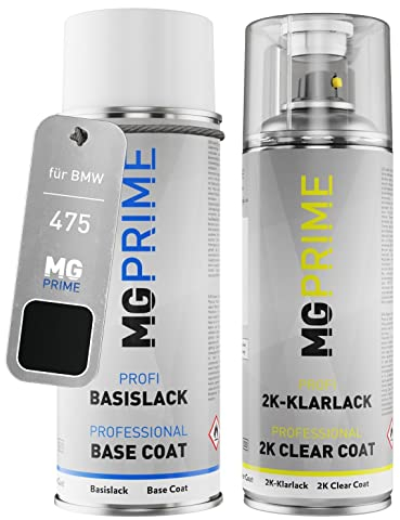 MG PRIME Autolack 2K Spraydosen Set für BMW 475 Blacksapphire Perlcolor/Saphirschwarz Metallic Basislack 2 Komponenten Klarlack Sprühdose