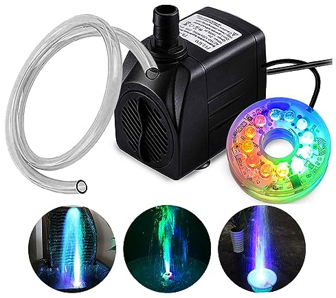 PULACO 160GPH Small Fountain Pump, 10Watt Submersible Pump with Automatic Color Changing LED Light and 3.3 ft Tubing for Water Feature, Outdoor Pond, Aquarium fish tanks