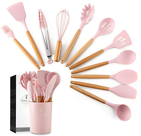 Nwlzx Silicone Cooking Utensils Kitchen Utensils Set, 11pcs Bamboo Wooden Handles Cooking Tool Food grade Silicone Turner Tongs Spatula Spoon Kitchen Gadgets Utensil Set for Nonstick Cookware Pink