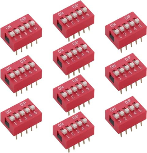 Fielect Double Row 10 Positions 2.54mm Pitch DIP Switch Flat Dial Plastic Metal Red 10Pcs