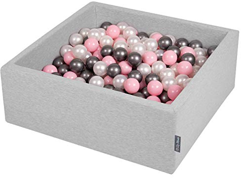 KiddyMoon Bällebad 90X30cm/200 Bälle ∅ 7Cm Bällepool Mit Bunten Bällen Für Babys Kinder Quadrat, Hellgrau:Perle/Puderrosa/Silbern