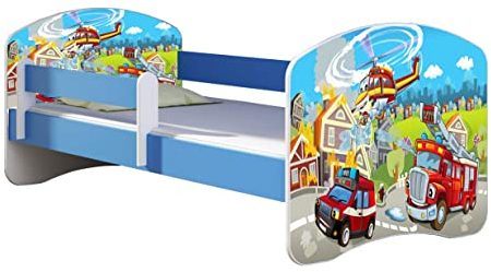 ACMA Kinderbett Jugendbett mit Einer Schublade und Matratze Blau mit Rausfallschutz Lattenrost II 140x70 160x80 180x80 (36 Feuerwehr, 160x80)