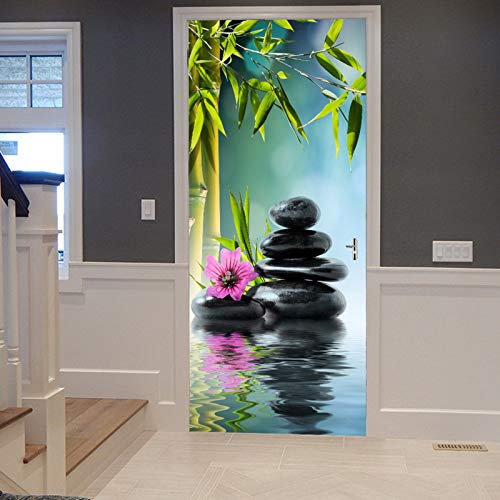 A.Monamour Sticker Porte Autocollant Poster de Porte 3D Bambou Vert Pierres De Roche Noire Dans L'Eau Du Lac Zen Garden Yoga Spa Vinyle Affiche de Porte Sticker Mural Papier Peint Art Décor 77 x 200cm