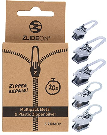 ZlideOn Reißverschluss Zipper Ersatz Reparatur Set – Silber Reißverschluss Reparieren Universal-Multipack (5 Pack) - Reissverschluss-Reparaturset