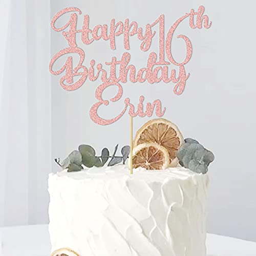 Personalised with Any Name Any Age Cake Topper Custom Happy Birthday Cake Decoration Multicolour Glitter Card 10 13 16 18 21 30 40 50 60 (Rose gold)