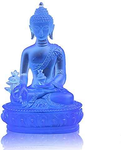 Tibetischen Medizin Buddha Statue,Thailändisch Sitzen Buddha Statue Zur Heilung,Transluzente Harz Buddha-skulptur Meditation Dekor Spirituelles Dekor Sammlerstück-Blau klein 8x5.5x13cm(3x2x5inch)
