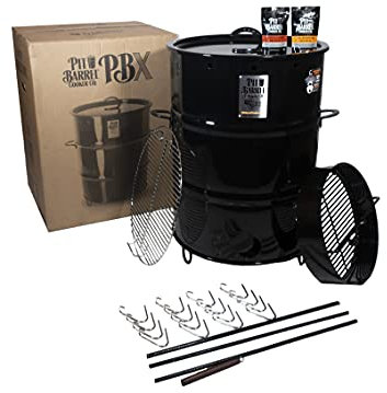 Pit Barrel Cooker XL Pacchetto – Affumicatore a tamburo da 57 cm | Griglia per barbecue a tamburo in acciaio rivestito in porcellana | Include 16 ganci in acciaio inossidabile, 3 aste per appendere,