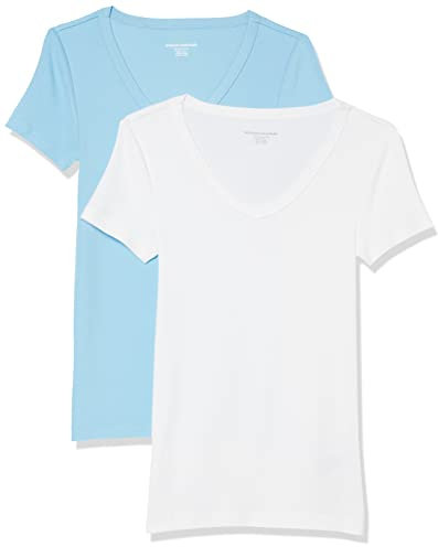 Amazon Essentials T-Shirt con Scollo a v a Maniche Corte Slim Donna, Pacco da 2, Bianco/Blu Chiaro, S