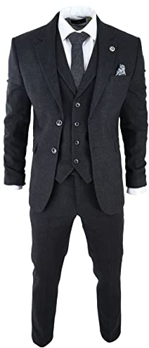 Mens Black Tweed 3 Piece Suit Check Vintage 1920s Gatsby Blinders Tailored Fit - Black 46