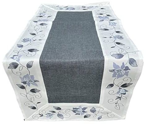 Tischläufer Tischdecke Mitteldecke Tischband gestickt Rosen Rot Weiss Silber Grau (45 x 110, Silber/Grau/Weiss)