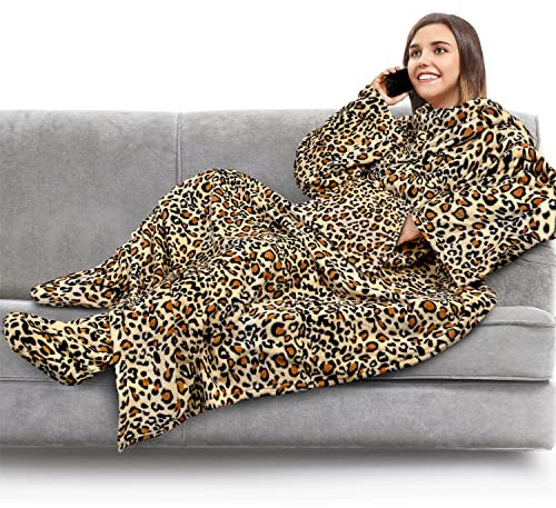 PAVILIA Fleece Blanket with Sleeves, Foot Pockets for Women Men Adults, Plush Wearable Blanket Throw Wrap, Warm Snuggle Blanket Robe, Cozy Gift Ideas Wife Mom, Cheetah Print