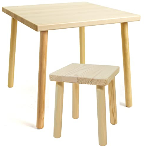 Holzfee Kinder-Tisch mit Stuhl/Hocker Holz Kiefernholz massiv lackiert