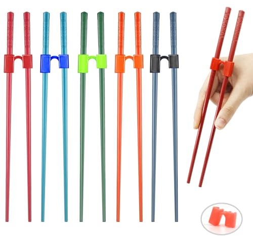 5 Pairs Chopsticks and Chopstick Helpers Set, Plastic Hinges Connector Training for Kids, Adults, Beginner, Trainers or Learner, Dishwasher Safe, Non-Slip Reusable and Replaceable, Japanese (Cherry)