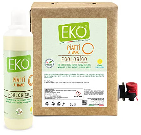 EKO Detersivo Piatti a Mano, Kit Bag in Box 3L e 500ml - Ecologico, Profumo Limone Ipoallergenico