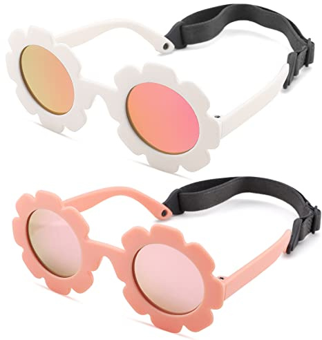 Hycredi Flexible Bendable Flower Baby Polarized Sunglasses with Strap Cute Shades for Newborn Infant Boys Girls Age 0-24 Months-White/Purple Red Mirror+Blue/Orange Red Mirror