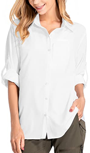 yeyity Damen Hemdbluse UV Schutz Langarmshirt Damen Schnell Trocknende Sport Shirts Wandershirt Safari Casual Button Up Tops Strandurlaub Elegant Bluse(5019,White,L