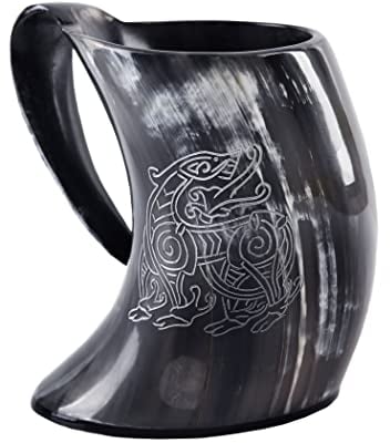 Battle-Merchant Chope à bière viking de qualité supérieure en corne avec motif dragon - Cruche en corne gravée - Cruche médiévale jusqu'à 800 ml