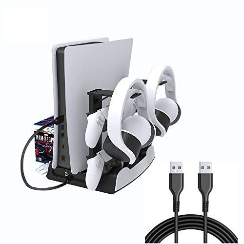 Aokicase Für PS5 DE/UHD multifunktionale Controller Ladestation mit LED, multifunktionale Kühlbasis, Dual Charger Docking Station für PS5 mit Headset-Halter（Schwarz, PS5 DE/UHD） JYS-P5122