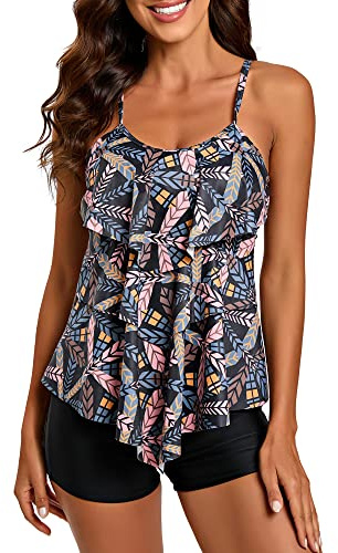 FLYILY Maillot de Bain 2 Pièces Femme Tankini Ensembles à Volants Maillot Haut Imprimé avec Short de Garçon Maillots de Bain Grande Taille(GrayLeaf,M)