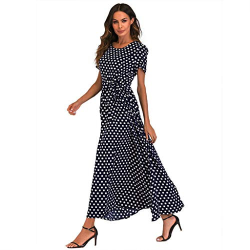 Maxi Dresses for Women UK Clearance Polka Dot Short Sleeve Summer Dresses with Belt Evening Party Holiday Elegant Ladies Wedding Guest Dress Beach Boho Hawaiian Dress Sundress Long Dresses