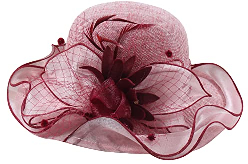 Petalum Hochzeitshut Vintage 50er Jahre Damen Chic Capeline Kirche Elegant Fascinator Hut Sonnenhut mit Schleier Band aus Netzstoff Feder Blumen für Cocktail Braut Zeremonie, bordeaux, One size